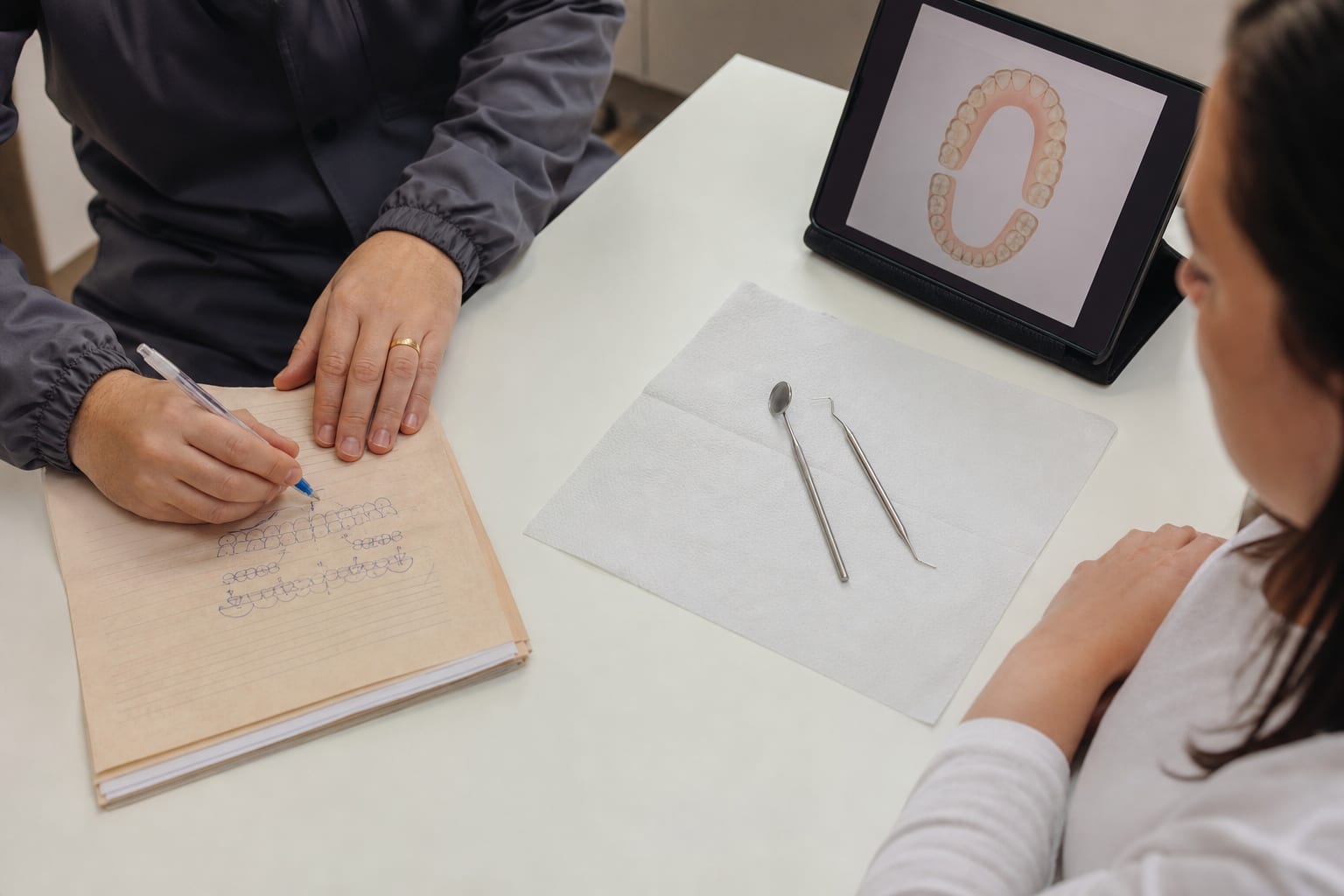 Ficha clínica de papel ao lado de um tablet com odontograma na tela, sobre mesa de consultório com instrumental