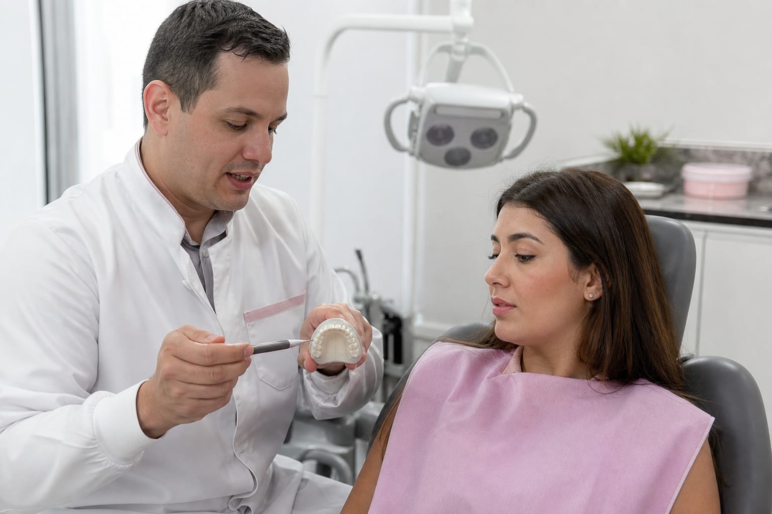 Dentista explicando o tratamento a uma paciente usando um modelo de gesso da arcada superior