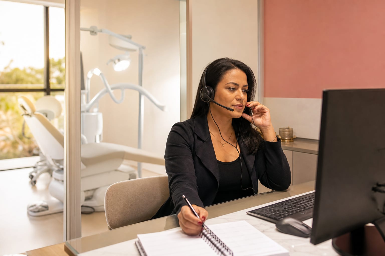Gerente de clínica odontológica ao telefone consultando o monitor, com consultório visível ao fundo