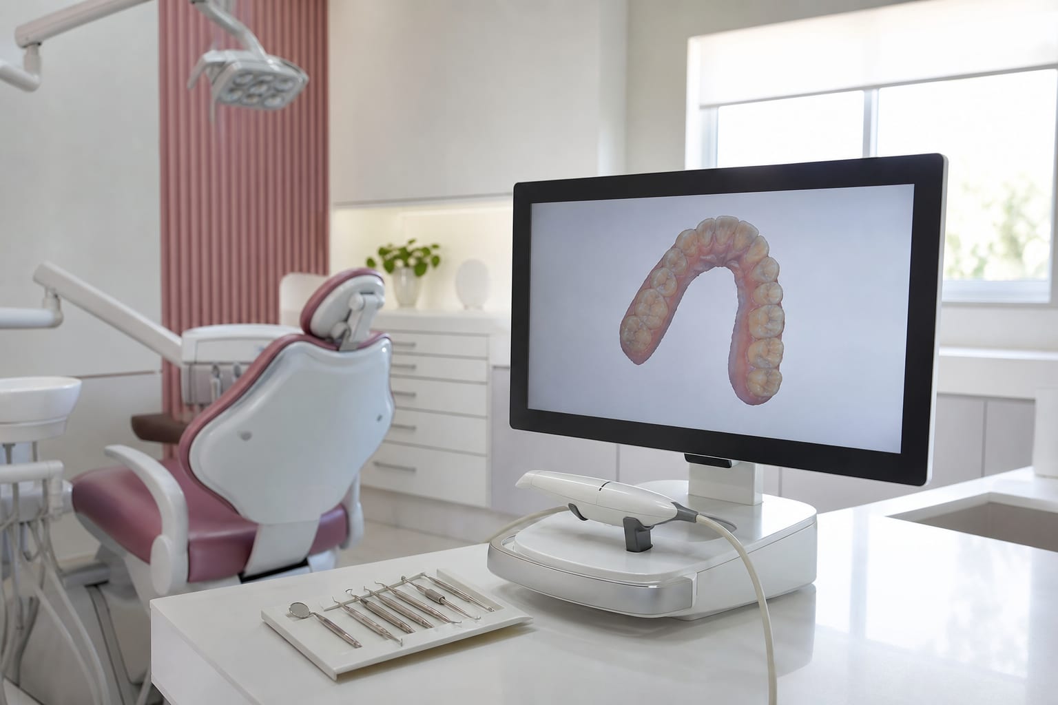 Consultório odontológico com scanner intraoral no suporte e monitor mostrando modelo tridimensional da arcada