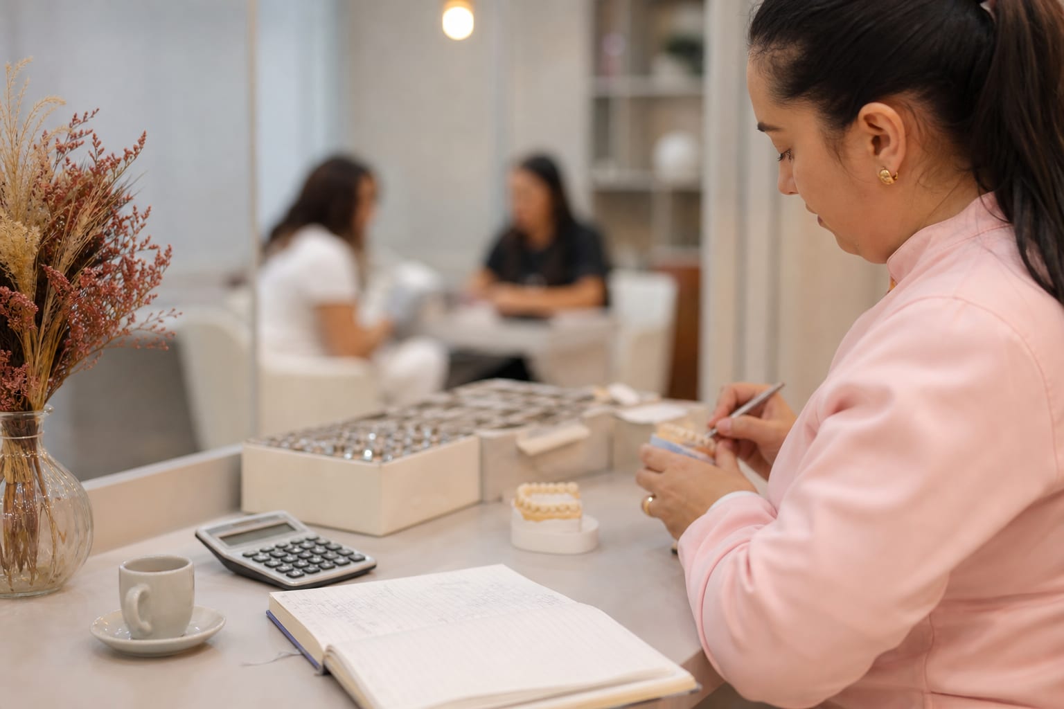 Mesa com calculadora, caderno de anotações, componentes protéticos e coroa sobre modelo de gesso