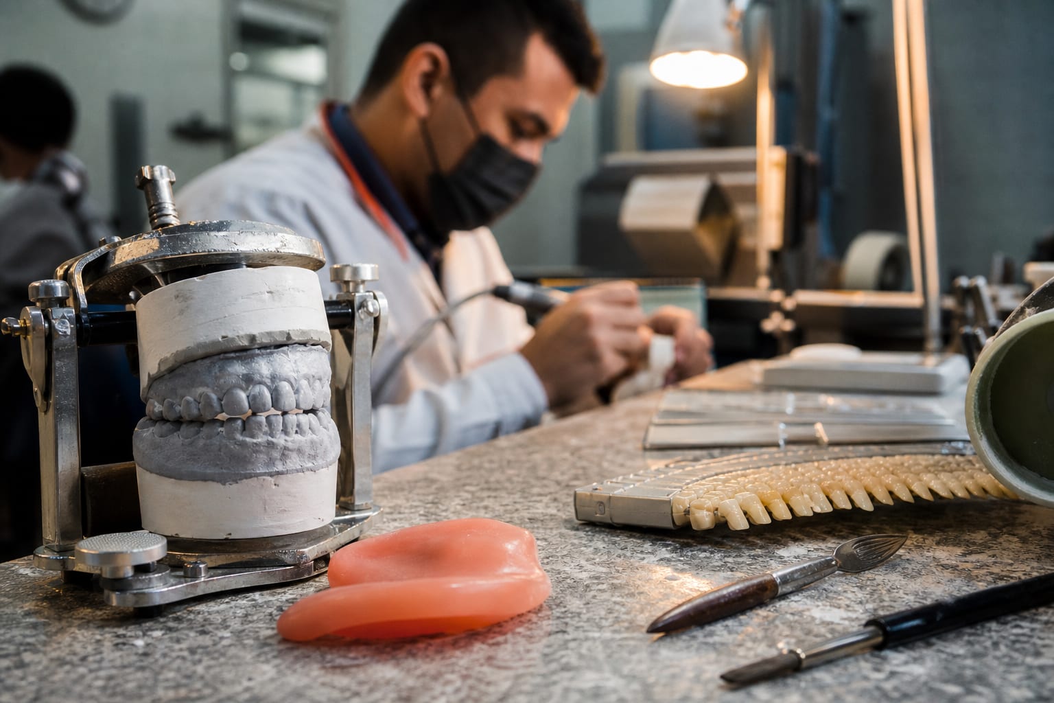 Bancada de laboratório de prótese com modelos de gesso montados em articulador, placa de cera rosa e escala de cor de porcelana sob luminária de haste